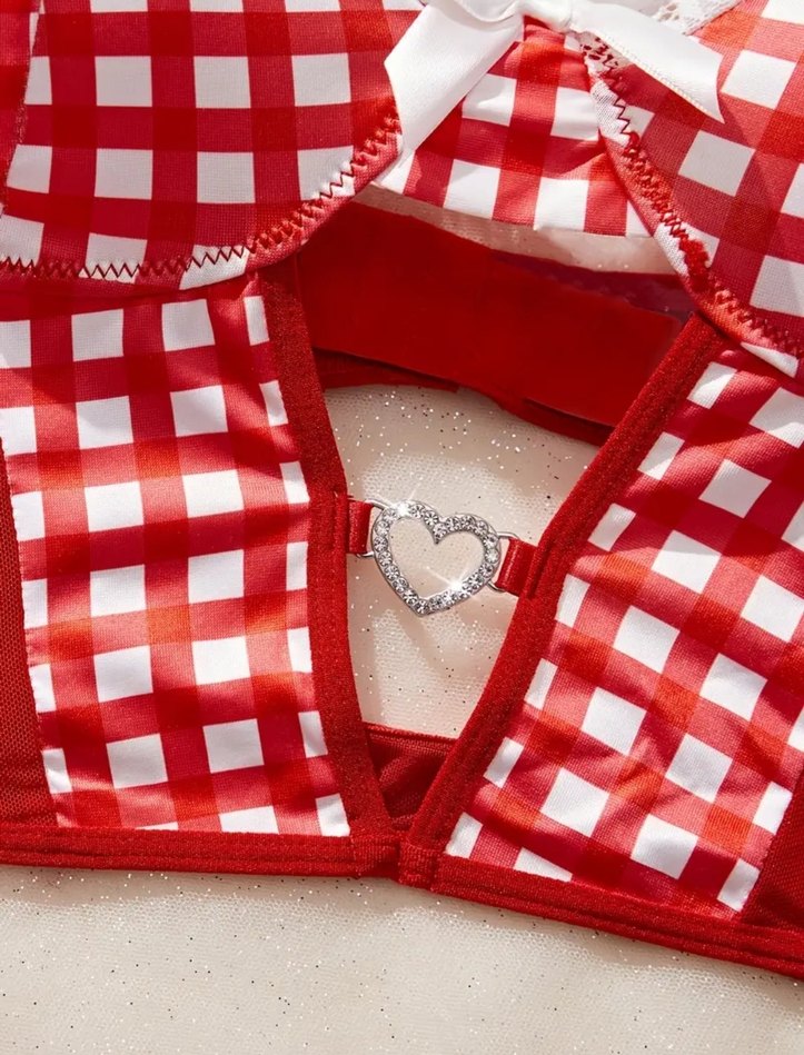 Kırmızı Ekose Dantelli Mini Büstiyer Takım - Görsel 5