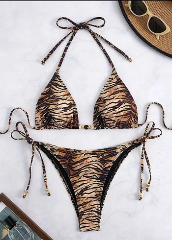 l Beden Zebra Desenli Mini Bikini - Pullu, İpli