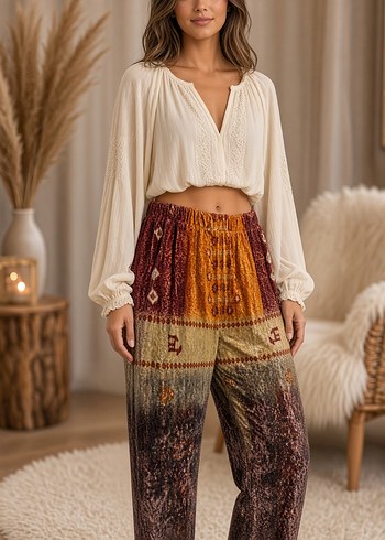 Vintage Love Dugmeli Bohem Batik Desenli Pamuk Pantolon