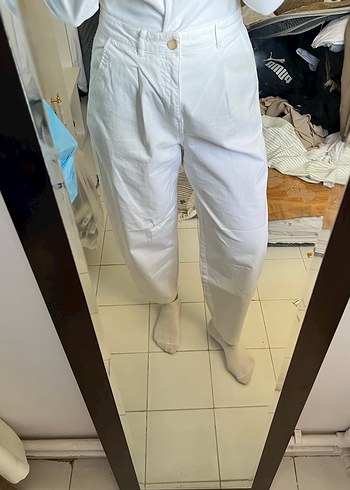 Zara Beyaz Pamuklu Rahat Kesim Kadın Pantolon