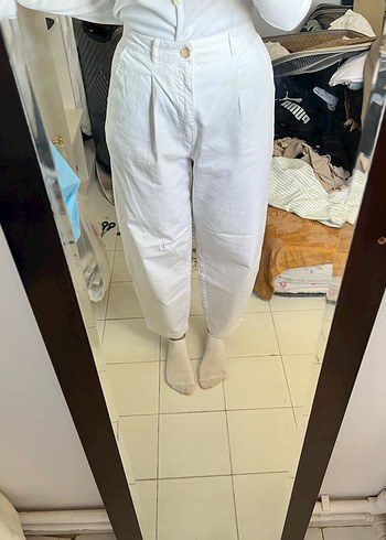 Beyaz Pamuklu Rahat Kesim Kadın Pantolon