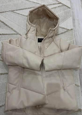 Oversize Bej Kapüşonlu Kadın Kışlık mont - Görsel 7