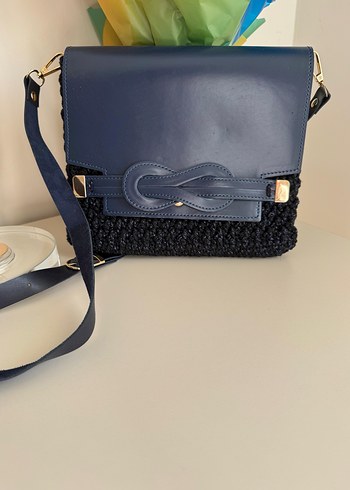 El emeği Koyu Mavi Örgü Kumaşlı Kadın Çanta - Görsel 2