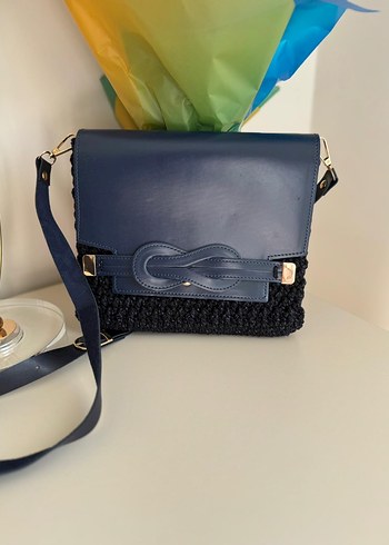 El emeği Koyu Mavi Örgü Kumaşlı Kadın Çanta - Görsel 4