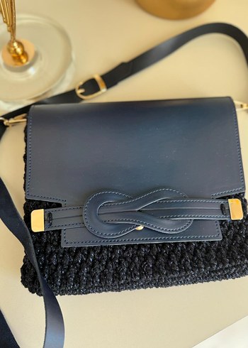 El emeği Koyu Mavi Örgü Kumaşlı Kadın Çanta - Görsel 3