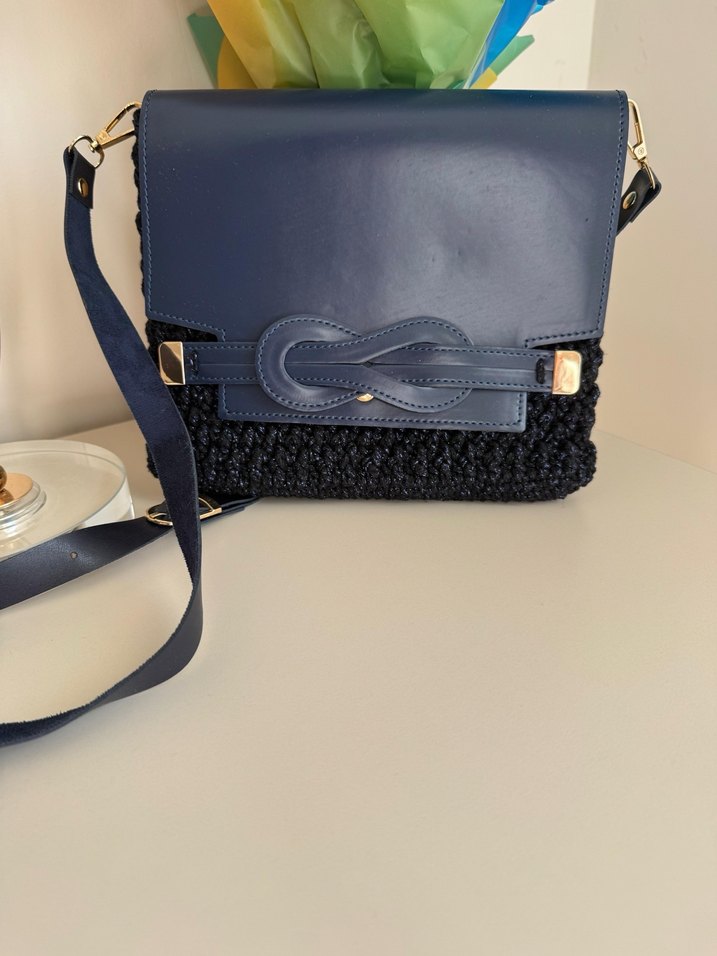 El emeği Koyu Mavi Örgü Kumaşlı Kadın Çanta - Görsel 2