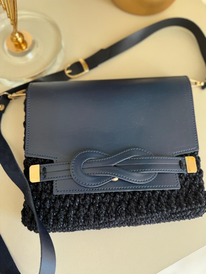 El emeği Koyu Mavi Örgü Kumaşlı Kadın Çanta - Görsel 3