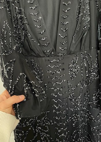 Boncuk İşlemeli Siyah Uzun Abiye Elbise - Görsel 2