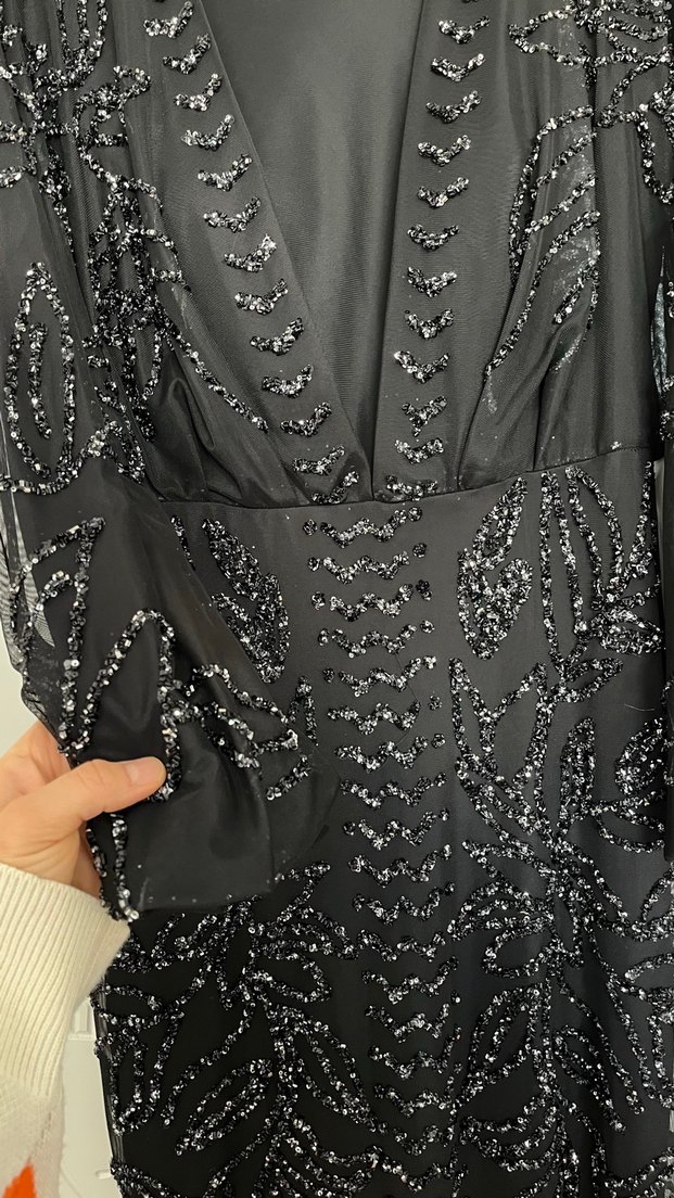 Boncuk İşlemeli Siyah Uzun Abiye Elbise - Görsel 2
