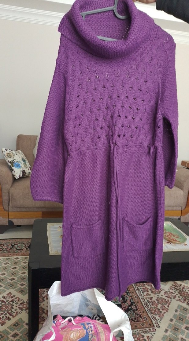 Uzun Mor Bohem Örgü Kadın Kazak - Görsel 2