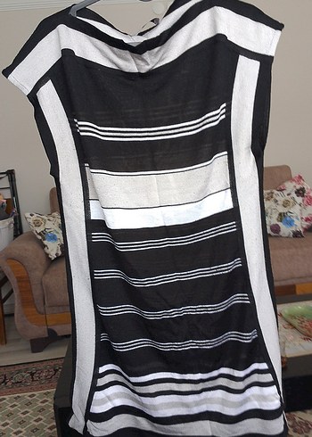 Drapeli Siyah Beyaz Çizgili Hamile Tuniği - Görsel 2