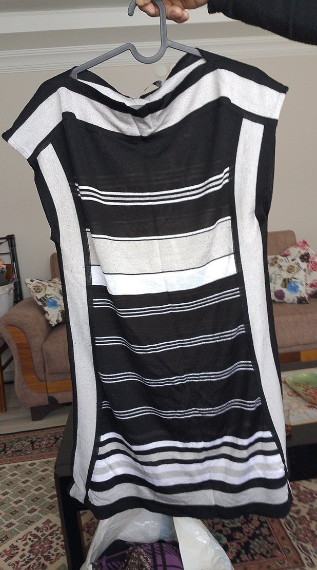 Drapeli Siyah Beyaz Çizgili Hamile Tuniği - Görsel 2