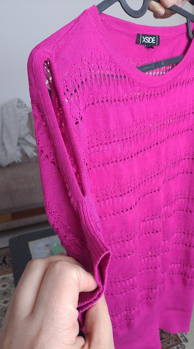 Pembe Örgü Kadın Kısa Kollu Triko - Görsel 2