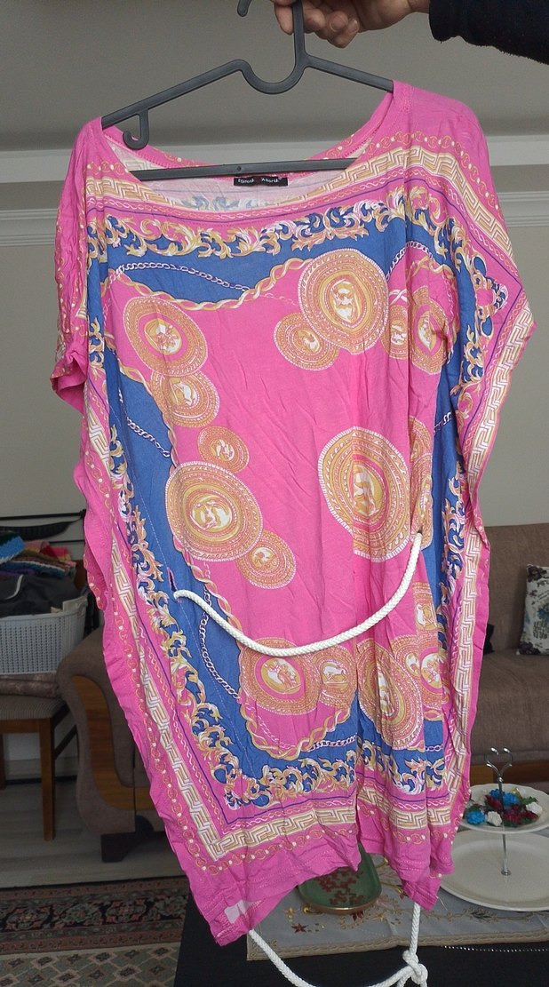 Pembe Bağcıklı Bohem Uzun Hamile Tunik - Görsel 2