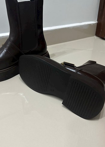 Hot Kahverengi Deri Platform Topuklu Tokalı Kadın Bot - Görsel 3