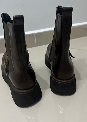 Hot Kahverengi Deri Platform Topuklu Tokalı Kadın Bot - Görsel 4