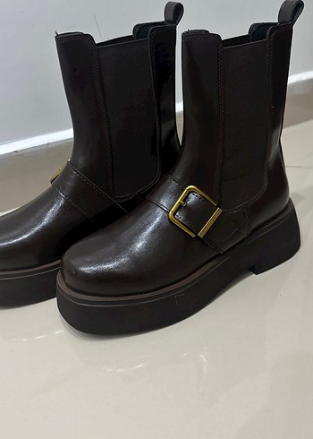 Hot Kahverengi Deri Platform Topuklu Tokalı Kadın Bot - Görsel 2