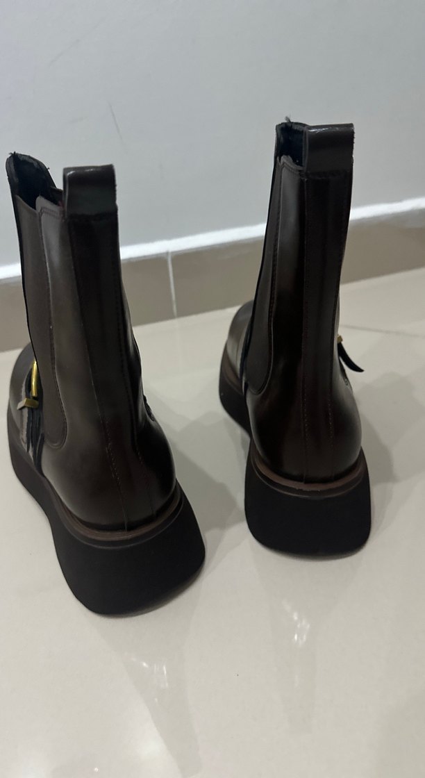 Hot Kahverengi Deri Platform Topuklu Tokalı Kadın Bot - Görsel 4