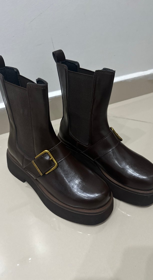 Hot Kahverengi Deri Platform Topuklu Tokalı Kadın Bot - Görsel 5