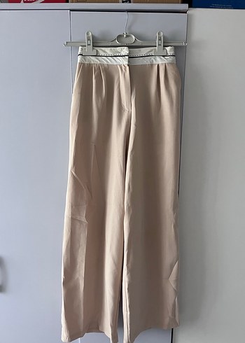Bej Midi Kadın Kemerli Kumaş Pantolon