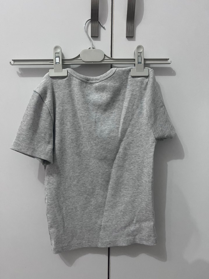 Gri Kısa Kollu Basic Keten Tişört - Görsel 3