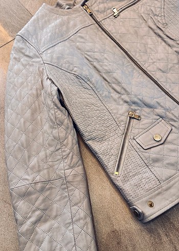 Bej Kadın Deri Ceket Fermuarlı - Görsel 2