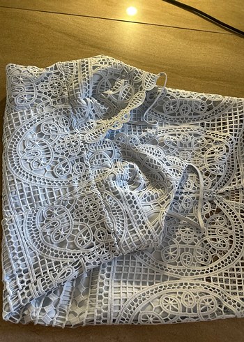 Açık Mavi Dantel İşlemeli Midi Bohem Abiye Elbise - Görsel 4