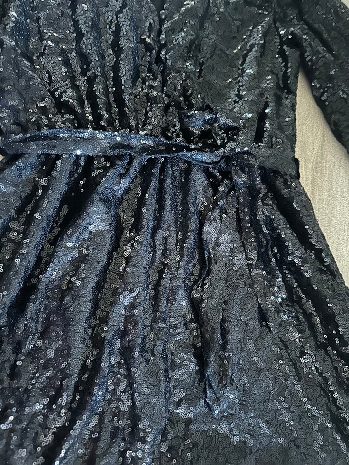 Siyah Parlak payetli V Yakalı Uzun Kollu Midi Elbise - Görsel 2