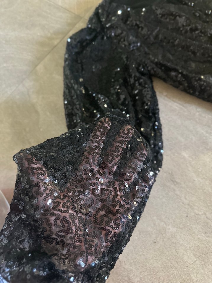 Siyah Parlak payetli V Yakalı Uzun Kollu Midi Elbise - Görsel 3