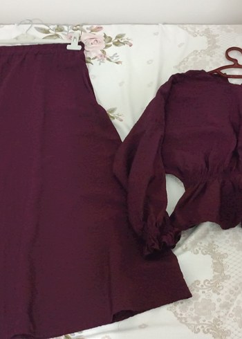 Diğer Bordo Keten Midi Bluz ve Etek Takımı