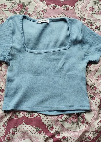 Zara Mavi Kısa Kollu Kadın Crop Tişört