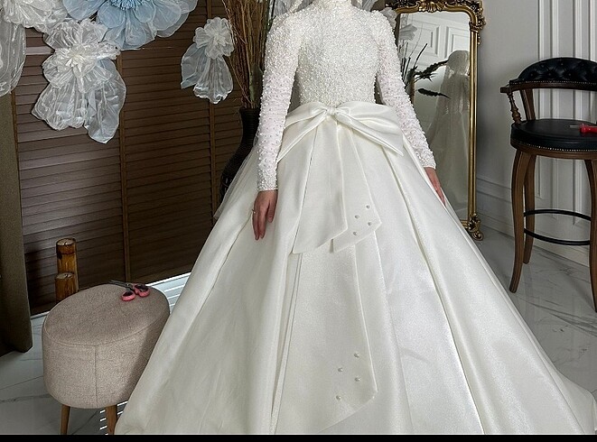 Tesettürlü üstü incili altı saten Gelinlik Satılık ve Kiralık - Görsel 3