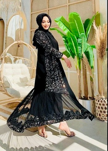 Siyah Parıltılı Abaya -Ful Pul İşlemeli-Tül Etekli-Düğünlük - Görsel 2