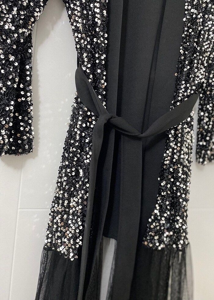 Siyah Parıltılı Abaya -Ful Pul İşlemeli-Tül Etekli-Düğünlük - Görsel 4