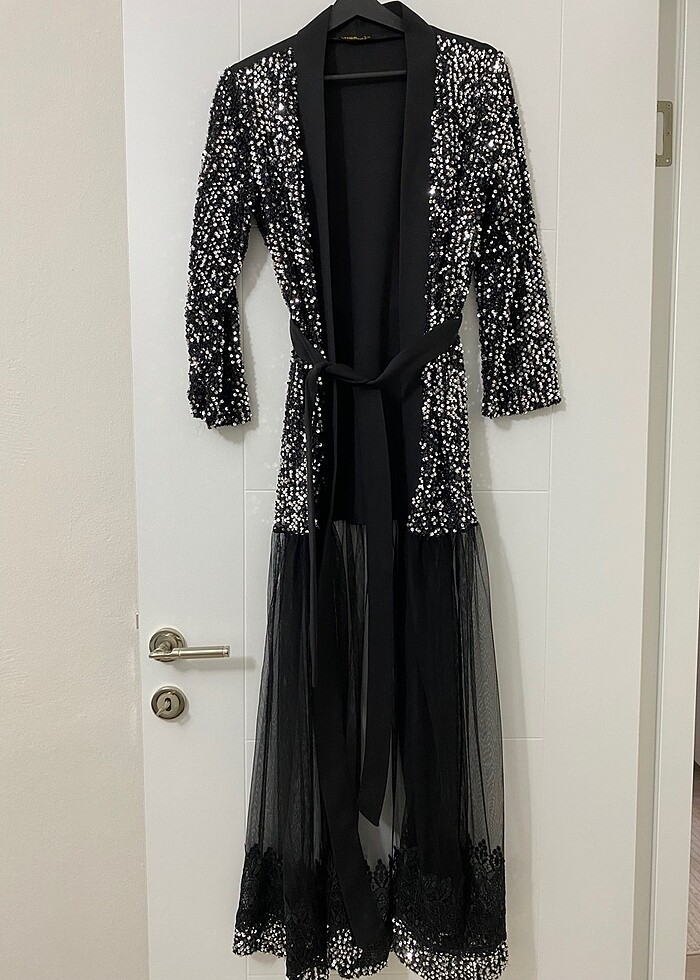 Siyah Parıltılı Abaya -Ful Pul İşlemeli-Tül Etekli-Düğünlük - Görsel 3