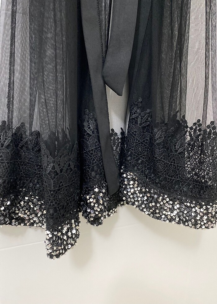 Siyah Parıltılı Abaya -Ful Pul İşlemeli-Tül Etekli-Düğünlük - Görsel 5