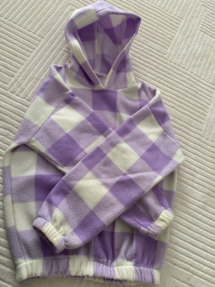 Mor & Beyaz Kareli Oversize Kapşonlu Sweatshirt  S/M Beden Uyum - Görsel 3