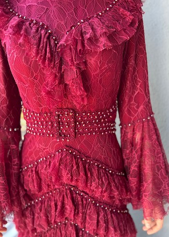 Özel tasarım Bordo Fırfırlı Bohem Uzun Henna Abiye - Görsel 4