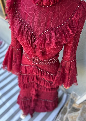 Özel tasarım Bordo Fırfırlı Bohem Uzun Henna Abiye - Görsel 6