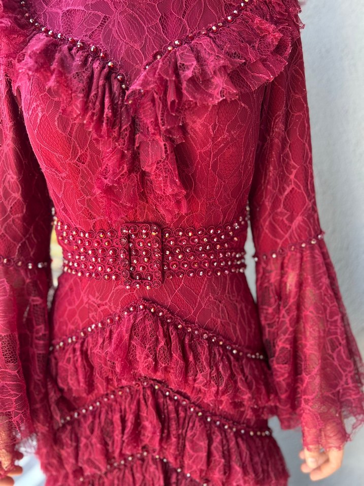 Özel tasarım Bordo Fırfırlı Bohem Uzun Henna Abiye - Görsel 4