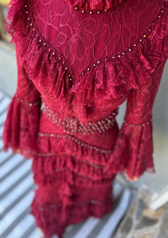 Özel tasarım Bordo Fırfırlı Bohem Uzun Henna Abiye - Görsel 5