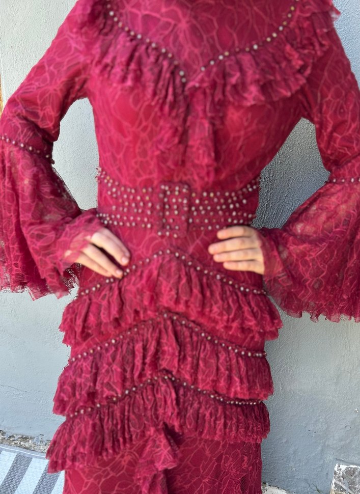 Özel tasarım Bordo Fırfırlı Bohem Uzun Henna Abiye - Görsel 2