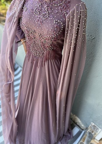 Uzun Mor İşlemeli Drapeli Abiye Elbise - Görsel 6