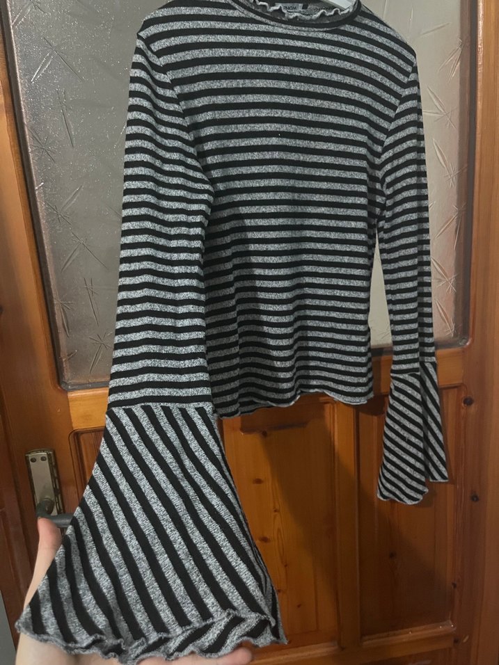 Çizgili Gri Uzun Kollu Triko Kazak - Görsel 2