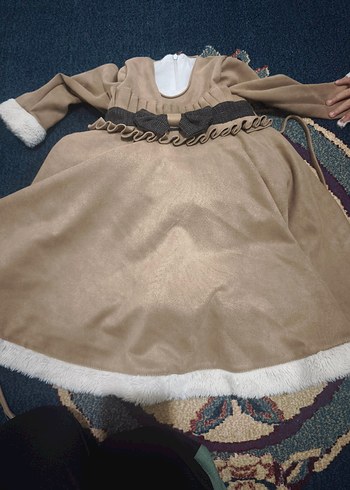 Kız Çocuk Bej Süet Kürk Detaylı Elbise - Görsel 2