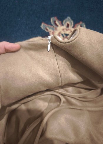 Kız Çocuk Bej Süet Kürk Detaylı Elbise - Görsel 5