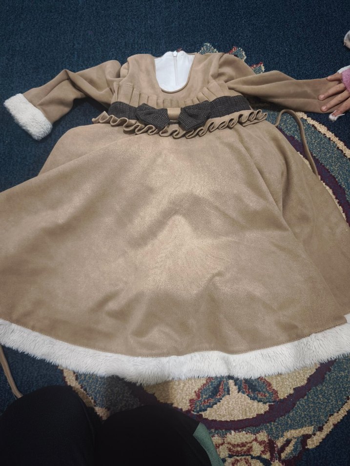 Kız Çocuk Bej Süet Kürk Detaylı Elbise - Görsel 2