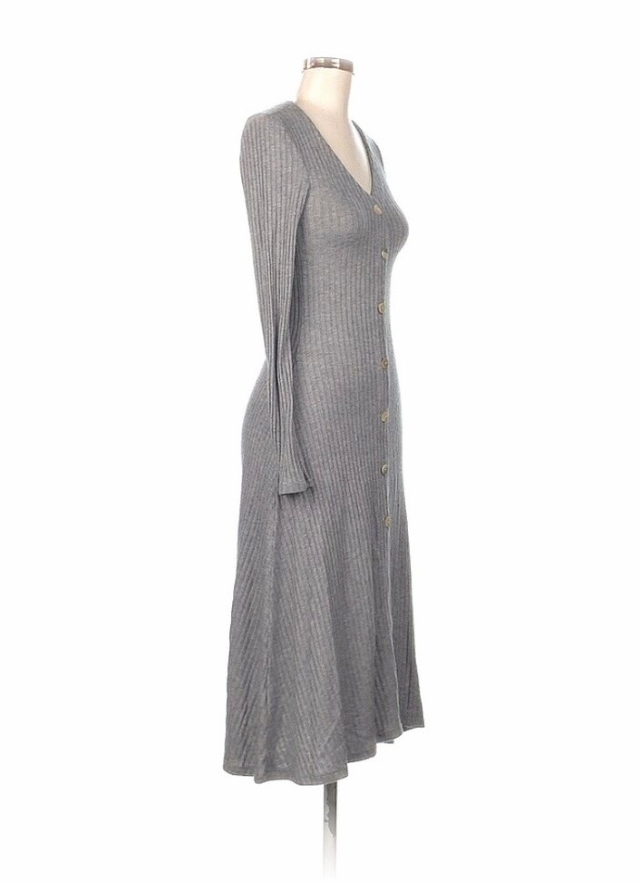 Düğmeli Uzun Gri Triko Elbise - Görsel 2