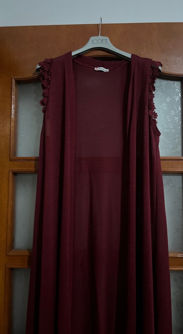 Bordo Kadın Uzun Kolluksuz Bohem yelek - Görsel 2