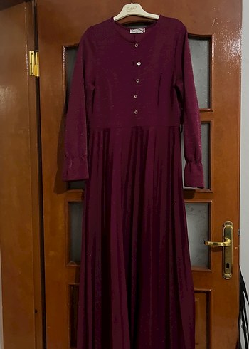 Bordo Uzun Kollu Piliseli Kadın Elbise - Görsel 2